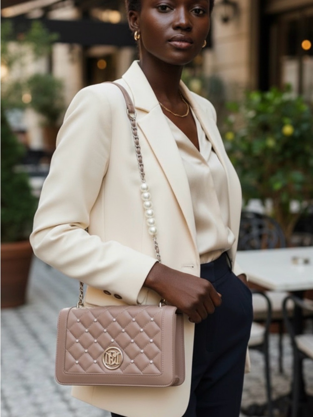 Badgley Mischka Quilted Pearl-Stud Shoulder Bag in Taupe NWT